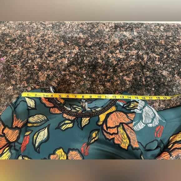 Maeve Anthropologie Teal Floral Dress Beaded Neckline | Womenβs Medium | Mini - Picture 8 of 10